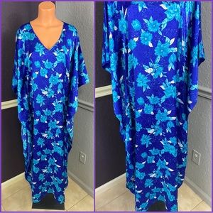 Vintage 80s Blue and White Floral Wide Sleeve Satin Caftan Kaftan